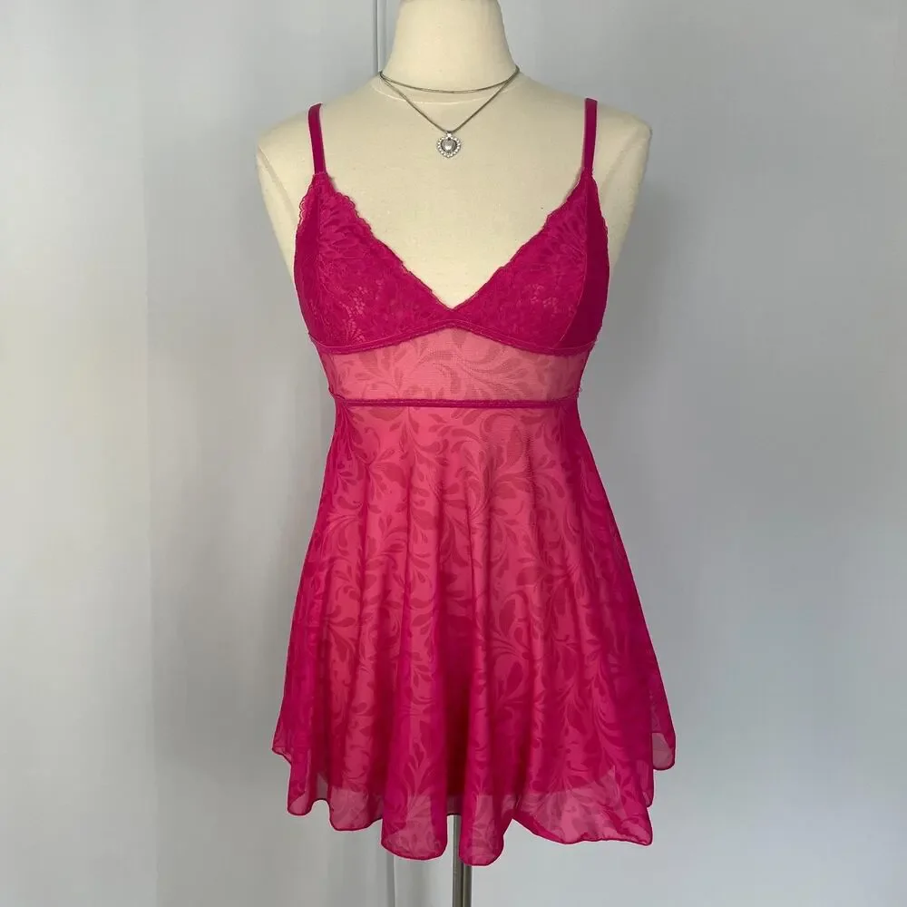 Cami Tank Top Size Medium Hot Pink Sheer Mesh Babydoll Lingerie Romantic
